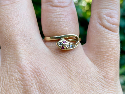 Vintage 9ct Gold Ruby & Zircon Snake Ring