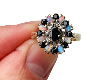 9ct Gold Opal, Sapphire & Diamond Ring