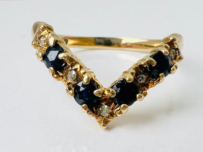 Vintage 9ct Gold Sapphire & Diamond Wishbone / Chevron Ring