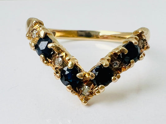 Vintage 9ct Gold Sapphire & Diamond Wishbone / Chevron Ring