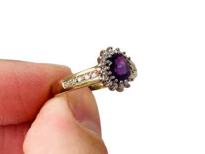 Vintage 9ct Gold Amethyst & Diamond Ring