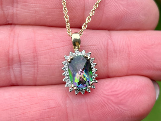 14ct Gold Mystic Topaz & Diamond Pendant With Necklace