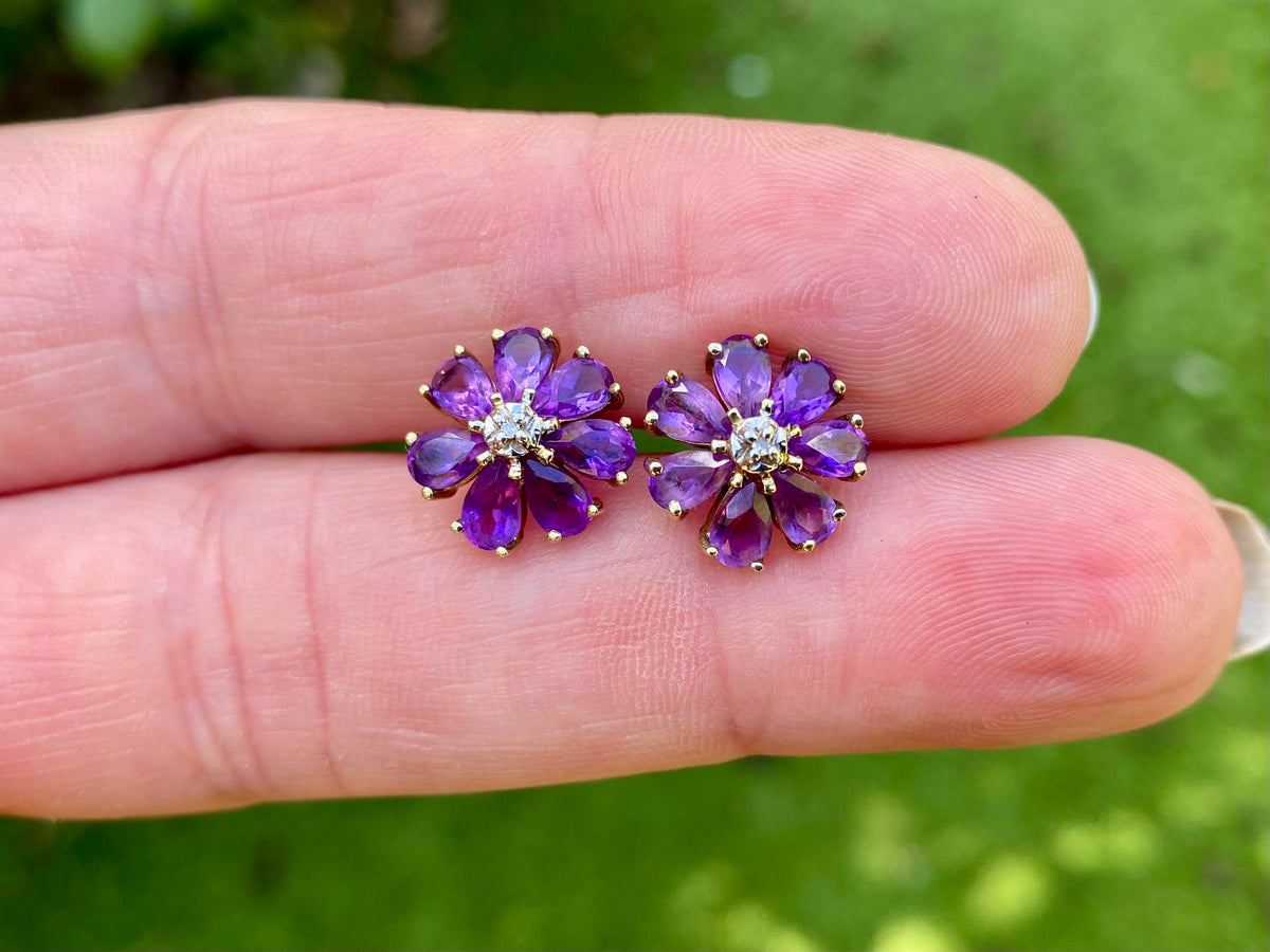 9ct Gold Amethyst & Diamond Earrings