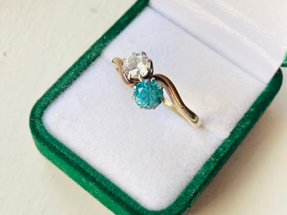 Vintage 9ct Gold Blue Zircon & Paste Toi Et Moi Ring