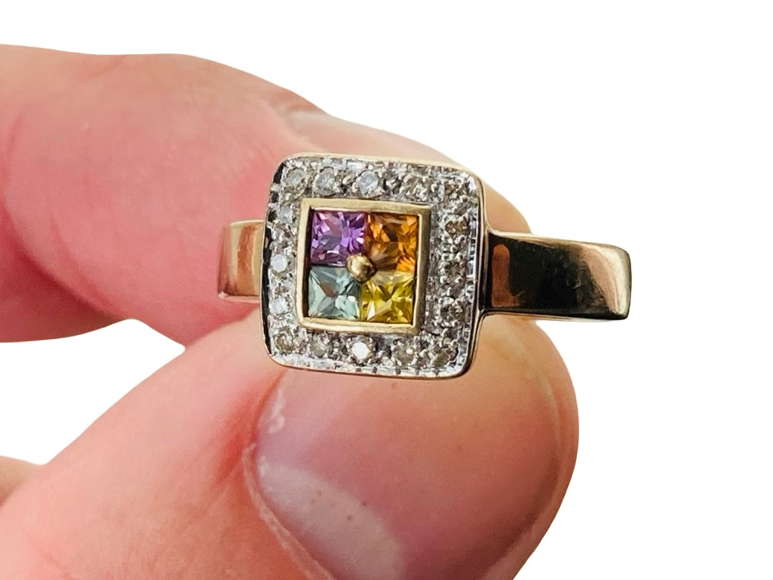 9ct Gold Multi-Coloured Sapphire & Diamond Ring