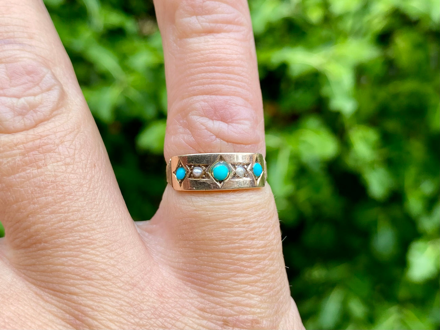 Antique 9ct Gold Turquoise & Opal Ring