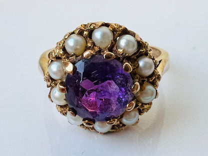 Vintage 9ct Gold Amethyst & Pearl Ring