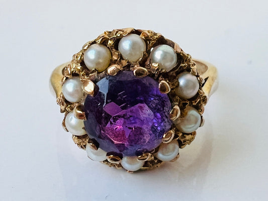 Vintage 9ct Gold Amethyst & Pearl Ring