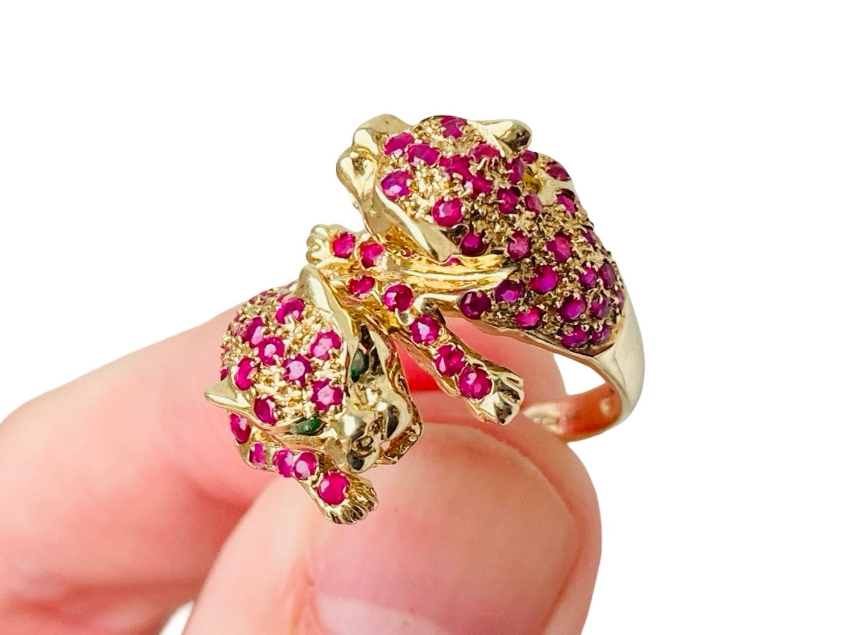 9ct Gold Ruby & Emerald Double Panther Ring