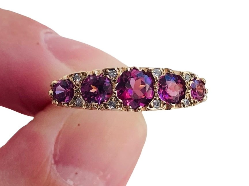 Vintage 9ct Gold Rhodolite Garnet & Diamond Ring