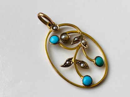 Antique Edwardian 9ct Gold Turquoise & Pearl Pendant