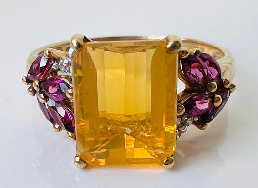 9ct Gold Citrine, Rhodolite Garnet & Diamond Ring