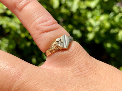 Vintage 9ct Gold Heart Diamond Signet Ring