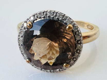 9ct Gold Smoky Quartz & Diamond Ring