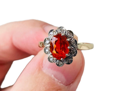 Vintage 9ct Gold Fire Opal & Diamond Ring