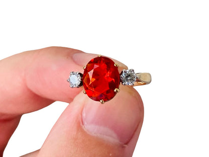 Vintage 9ct Gold Fire Opal & Diamond Ring