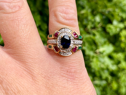9ct Gold Sapphire, Ruby, Emerald & Diamond Ring