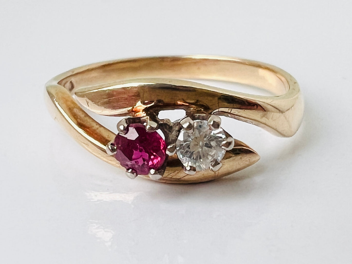 Vintage 9ct Gold Toi Et Moi Two Stone Ruby & Diamond Ring