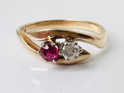 Vintage 9ct Gold Toi Et Moi Two Stone Ruby & Diamond Ring
