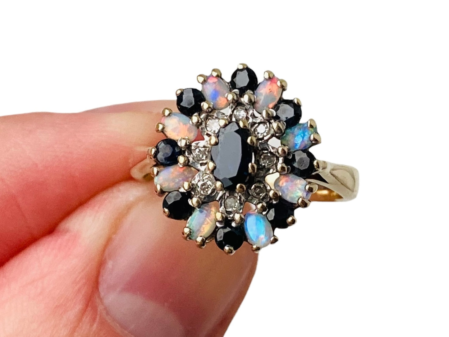 9ct Gold Opal, Sapphire & Diamond Ring