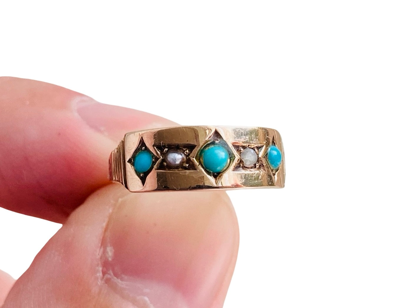 Antique 9ct Gold Turquoise & Opal Ring