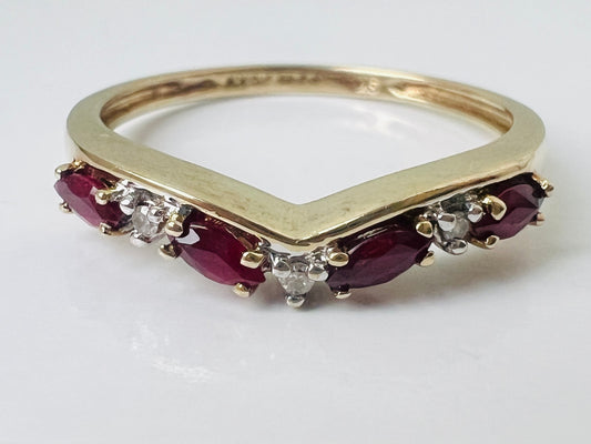 9ct Gold Ruby & Diamond Wishbone/Chevron Ring