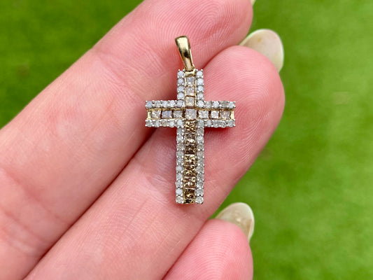 9ct Gold Champagne & White Diamond Cross Pendant