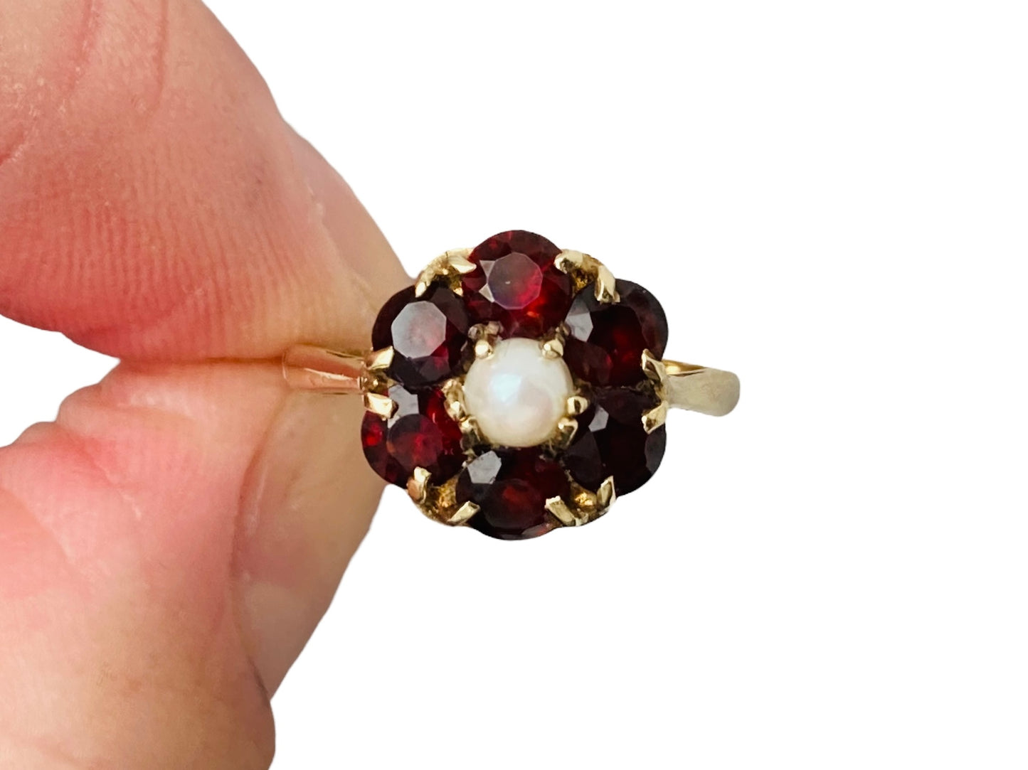 Vintage 9ct Gold Garnet & Pearl Ring
