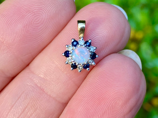 Vintage 9ct Gold Opal, Sapphire & Diamond Pendant