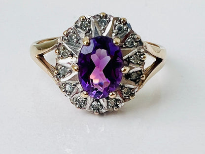 Vintage 9ct Gold Amethyst & Diamond Ring