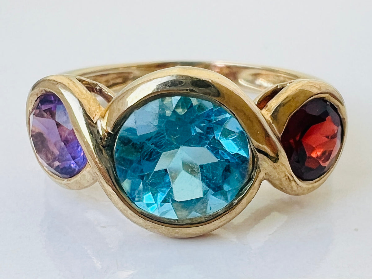 9ct Gold Topaz, Amethyst & Garnet Ring