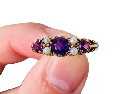 Vintage 9ct Gold Amethyst & Pearl Ring