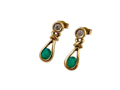 9ct Gold Emerald & Diamond Drop Earrings