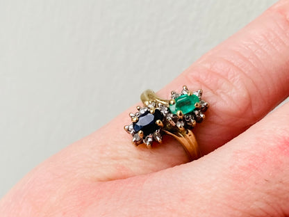 Vintage 9ct Gold Emerald, Sapphire & Diamond Ring