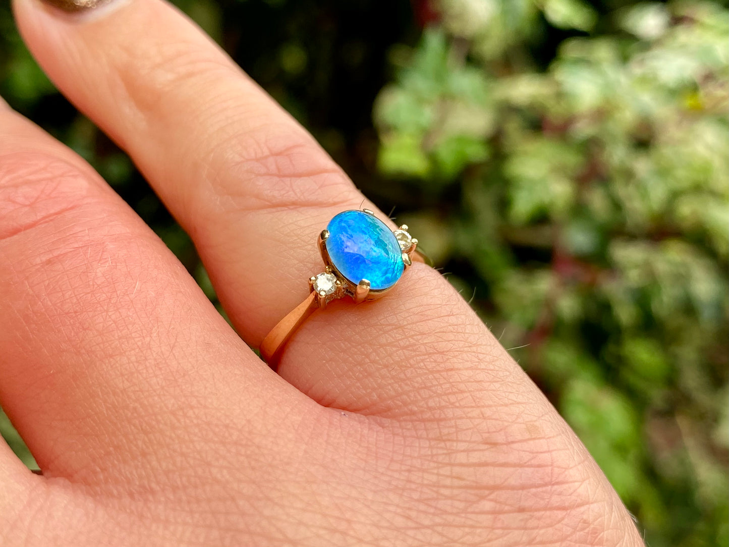 14ct Gold Blue Opal & Diamond Ring