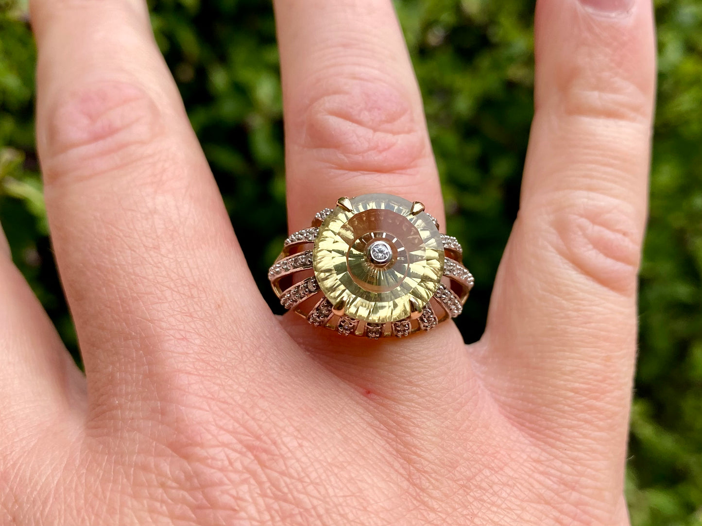 9ct Gold Lemon Quartz & Diamond Lehrer Ring