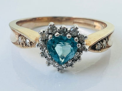 Vintage 9ct Gold Heart Shaped Topaz & Diamond Ring