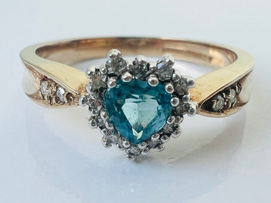 Vintage 9ct Gold Heart Shaped Topaz & Diamond Ring