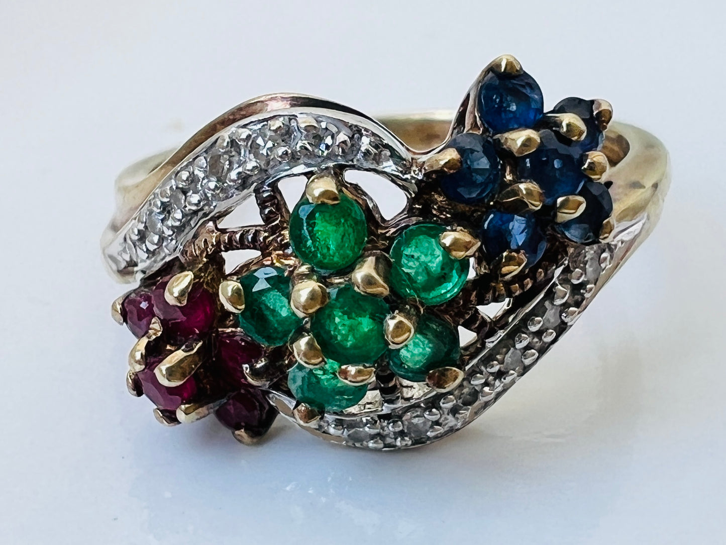 9ct Gold Sapphire, Ruby, Emerald & Diamond Ring