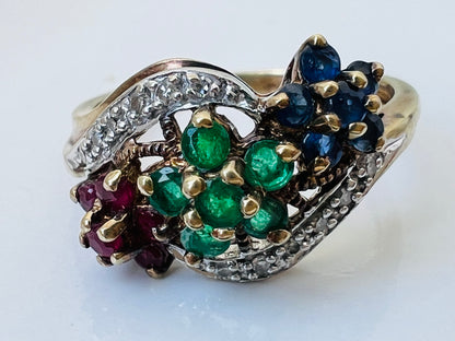 9ct Gold Sapphire, Ruby, Emerald & Diamond Ring