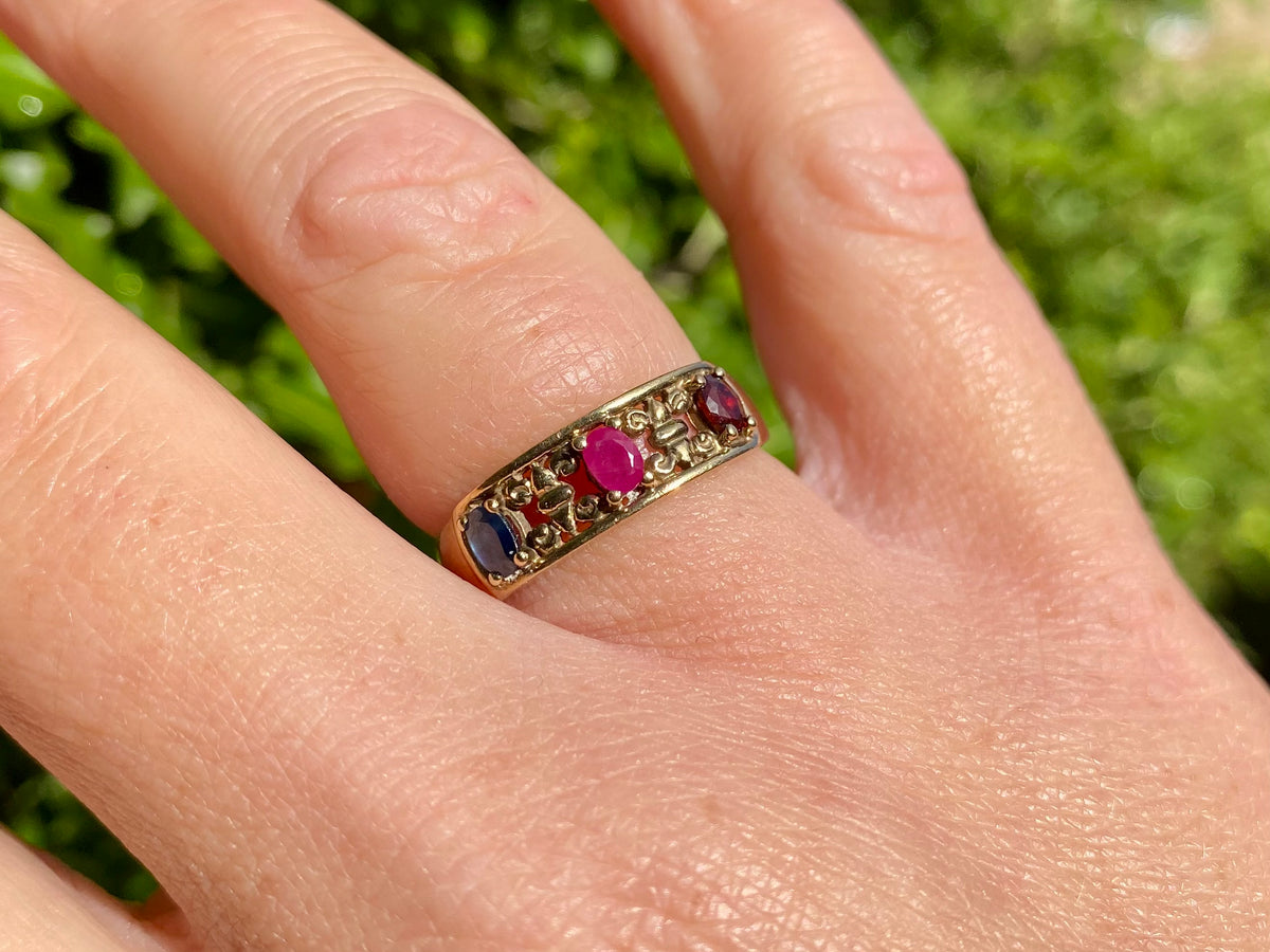 9ct Gold Sapphire, Ruby & Garnet Ring