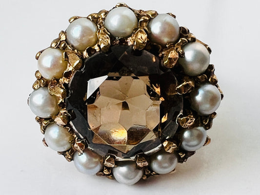 Vintage 9ct Gold Smoky Quartz & Pearl Ring