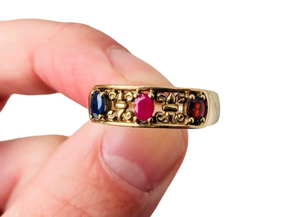 9ct Gold Sapphire, Ruby & Garnet Ring