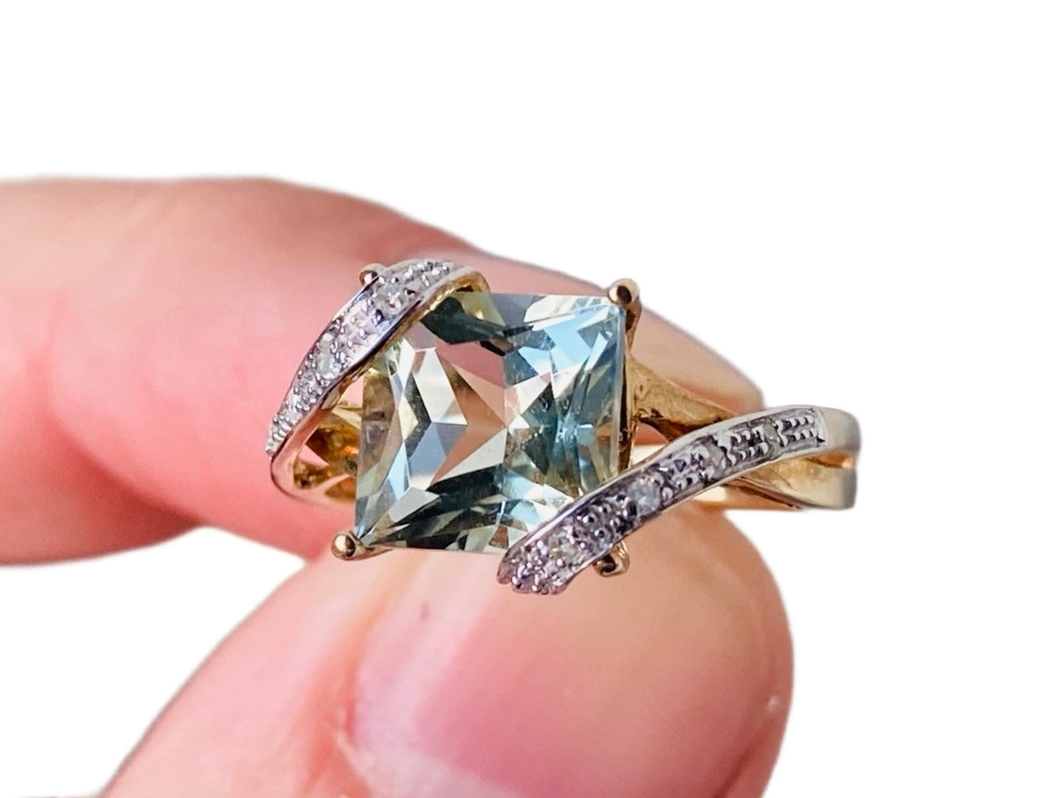 9ct Gold Green Amethyst & Diamond Ring