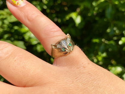 Vintage 9ct Gold Emerald & Diamond Cat Ring