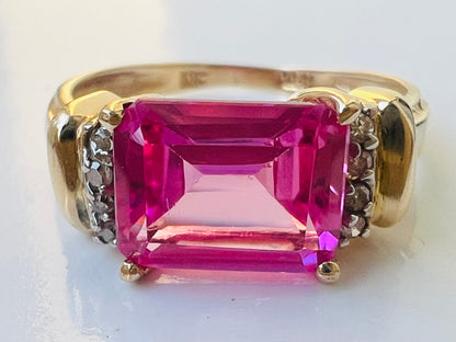 10ct Gold Synthetic Pink Sapphire & Diamond Ring