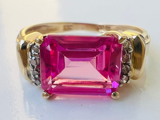 10ct Gold Synthetic Pink Sapphire & Diamond Ring