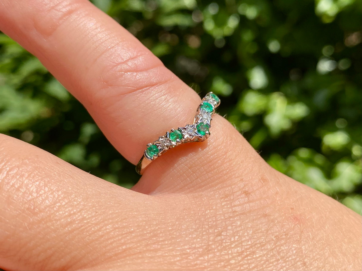 9ct Gold Emerald & Diamond Wishbone Ring