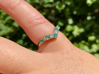 9ct Gold Emerald & Diamond Wishbone Ring
