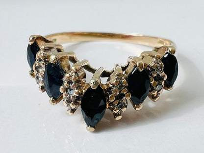 Vintage 9ct Gold Sapphire & Diamond Wishbone / Chevron Ring